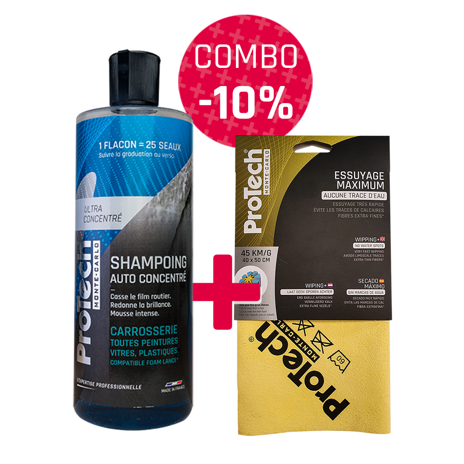 Combo Shampoing carrosserie concentré ProTech® Monte-Carlo 500 mL + Microfibre Essuyage Maximum